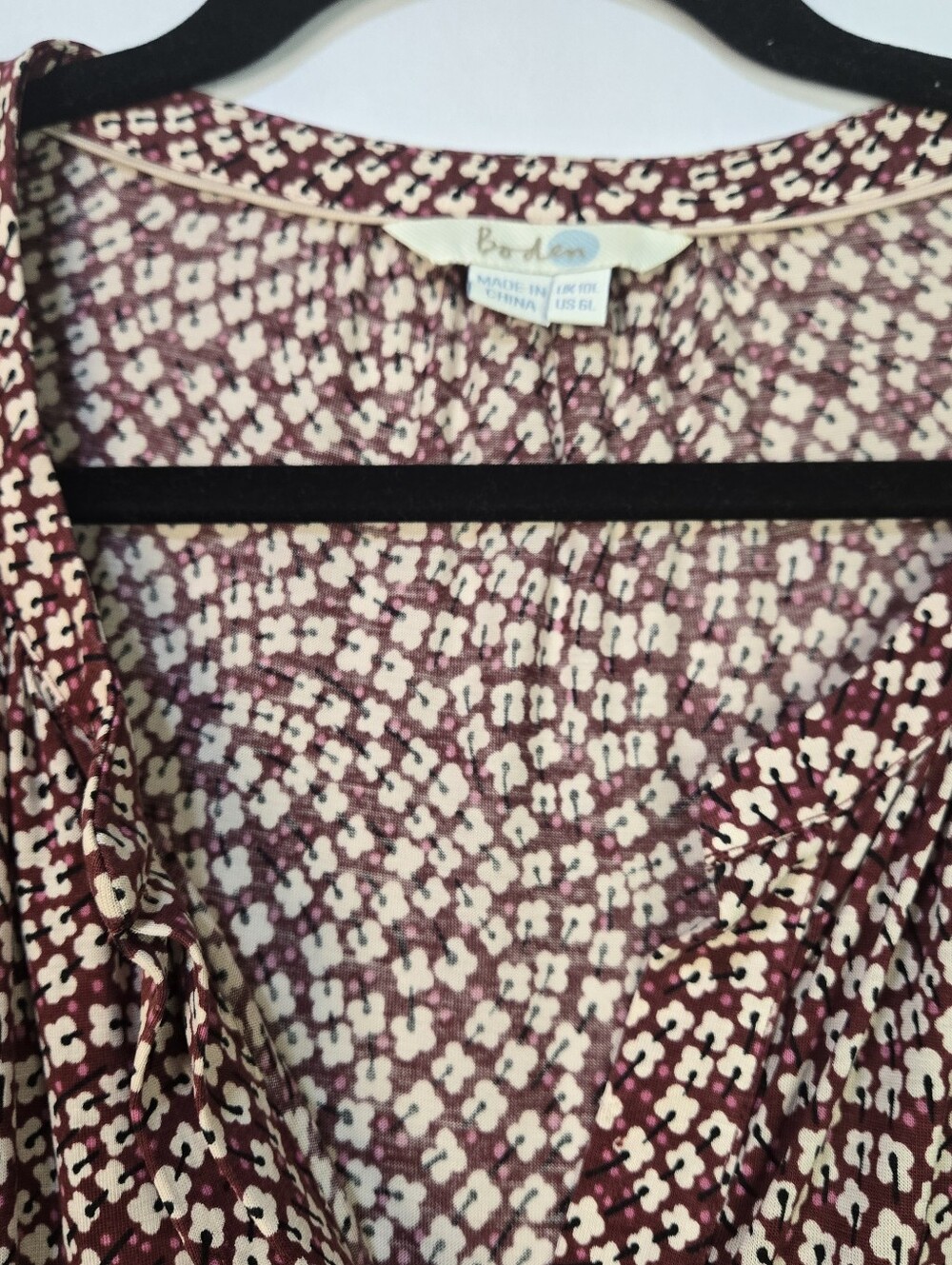 BODEN Size 6L L/Sl Burgundy Printed Women's Shirt Dress, Button V-neck - Picture 3 of 12
